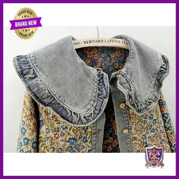 Long Sleeve Jacquard Denim Jacket Peter Pan Collar Button Front - Picture 4 of 7